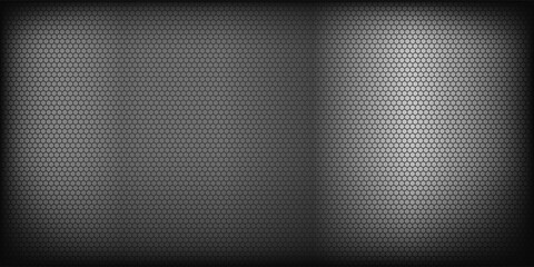 Dark grey abstract wide horizontal banner with hexagon carbon fiber grid and orange luminous lines. Technology vector background with orange neon lines