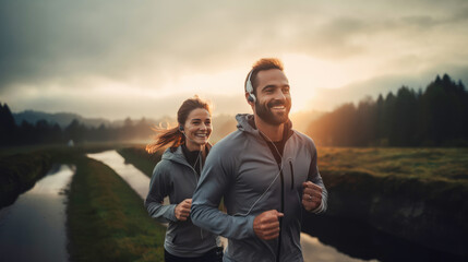 A romantic couple is jogging together in the morning sunrise.