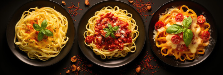 Fototapeta na wymiar Three hot plates of italian pasta cooked recipes: carbonara, arrabiata and quatro formaggi
