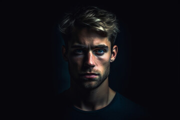 Dramatic portrait of a guy on a black background, dark light photography