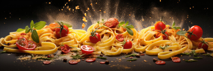 Three hot plates of italian pasta cooked recipes: carbonara, arrabiata and quatro formaggi
