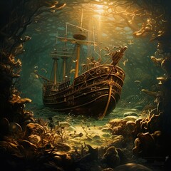 A sunken chest underwater, full of gold and treasure. Great for stories about adventure, pirates, historical fiction and more. 