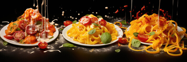 Obraz na płótnie Canvas Three hot plates of italian pasta cooked recipes: carbonara, arrabiata and quatro formaggi