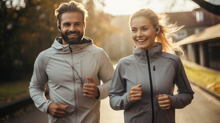 A romantic couple is jogging together in the morning sunrise.