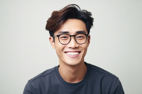 Asian Man Portrait Young Male Wear Eye Glasses Smiling Cheerful Look Thinking Position With Perfect Clean Skin Posing On White Background,fashion People Life Style Concept, Soft Light Photography