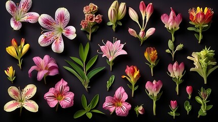 
flatlay layout of a lily flower, elements of plants of various sizes and types, dark floral background, top view. Generative AI.