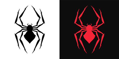 Gothic spider logo set in black and red colors. Dangerous spider mascot, vector illustration. Venom spider silhouette, black widow vector sign. Spider logotype, emblem for print and apparel design