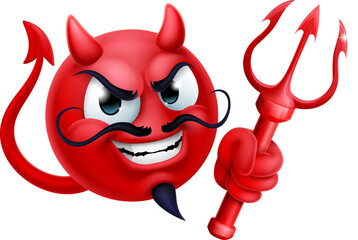 A red devil or satan emoji emoticon man face holding a trident, pitchfork or pitch fork cartoon icon mascot.