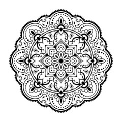 Circular pattern in form of mandala with flower for Henna, Mehndi, tattoo, decoration. Decorative ornament in ethnic oriental style. Outline doodle hand draw vector illustration.