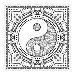 Circular pattern in form of mandala for Henna, Mehndi, tattoo, decoration. Decorative ornament in ethnic oriental style with Yin-yang hand drawn symbol. Outline doodle vector illustration.