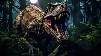 Poster A Tyrannosaurus rex dinosaur hunting at night in the jungle. Tyrannosaurus rex. Generative Ai © tong2530