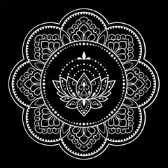 Circular pattern in form of mandala with Lotus flower for Henna, Mehndi, tattoo, decoration. Decorative ornament in ethnic oriental style. Outline doodle hand draw vector illustration.