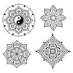 Set of circular pattern in form of mandala with flower, yin-yang symbol for Henna, Mehndi, decoration. Decorative ornament in ethnic oriental style. Outline doodle hand draw vector illustration.