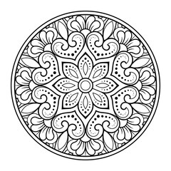 Outline round flower pattern in mehndi style for coloring book page. Antistress for adults and children. Doodle ornament in black and white. Hand draw vector illustration.