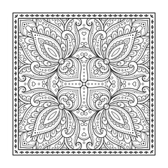 Decorative pattern of flowers and paisley for printing on fabric. Ornament for a bandana, a silk neckerchief, a tablecloth or a kerchief. Square sketch in tribal or oriental style.