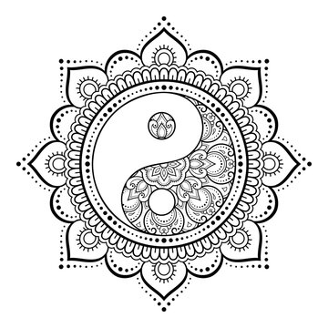 Circular pattern in form of mandala for Henna, Mehndi, tattoo, decoration. Decorative ornament in ethnic oriental style with Yin-yang hand drawn symbol. Outline doodle vector illustration.