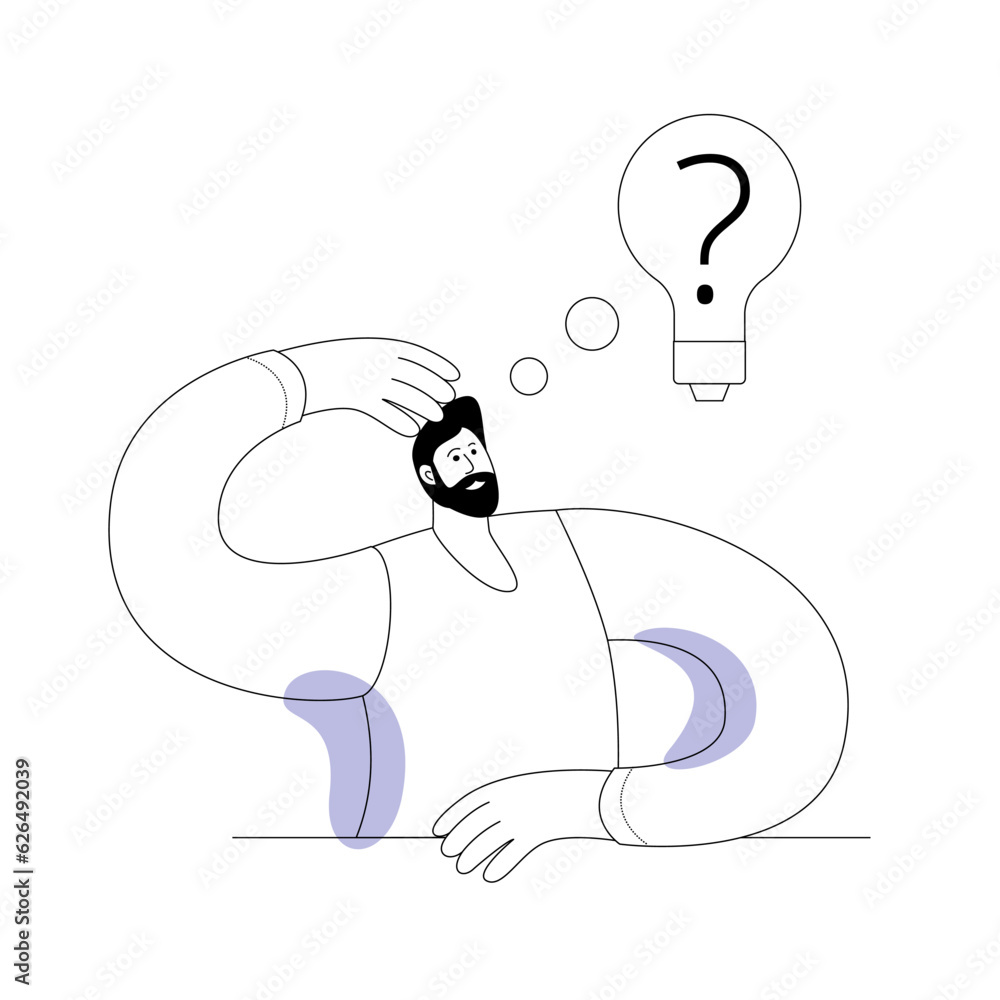 Poster thoughtful character looking at question mark in empty light bulb. vector illustration on the theme 