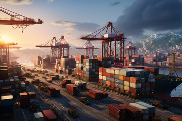 Efficient import-export logistics, Cargo containers being handled by cranes, planes, and trucks with a cityscape in the background  Generative AI