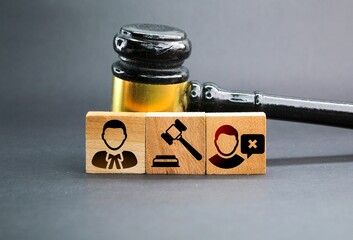wooden square with three icons of the offender, the judge and the lawyer. the concept of judicial...