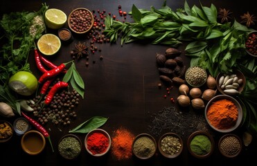 Fototapeta na wymiar Tomatoes, basil, spices, peppers, onions, garlic, mushroom, vegetarian food spices and vegetables, top view, free space for your text, fresh basil herbs tomato pattern, cooking concept, AI Generative