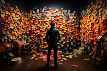 Working on something creative, a man's back faces a wall adorned with a tapestry of sticky notes  Generative AI