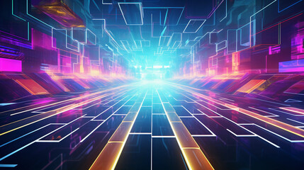 Obraz premium A 3D rendering of a vibrant, neon - colored cyberspace filled with floating geometrical shapes and light trails. Futuristic, high contrast, with glows and lens flares, resembling a scene from TRON. Re