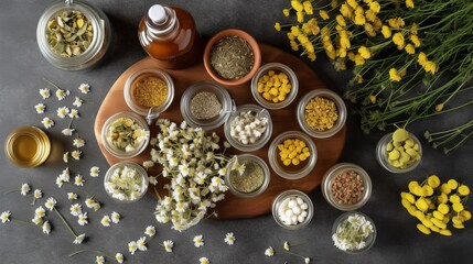 
flatlay layout of a chamomile flower, elements of medicinal plants and herbs of various sizes and types, dark floral background, top view. Generative AI.