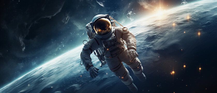 An astronaut floating in a serene space environment, surrounded by a galaxy of stars, Milky Way in the background, space helmet reflecting Earth. Rendered in high detail, ultra - high definition, cine
