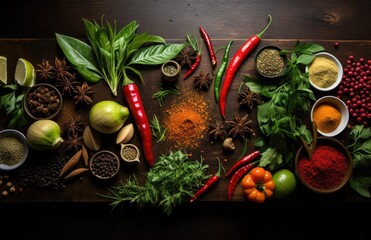 Obraz na płótnie Canvas Tomatoes, basil, spices, peppers, onions, garlic, mushroom, vegetarian food spices and vegetables, top view, free space for your text, fresh basil herbs tomato pattern, cooking concept, AI Generative
