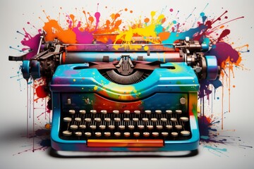 Retro typewriter covered with splashes of colored ink as a symbol of creativity in blogging.  