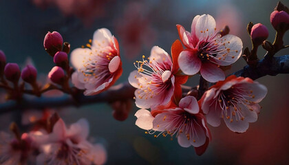 Obraz na płótnie Canvas Cherry tree blossom flowers blooming in spring.Generative AI.