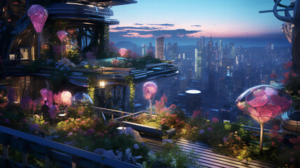 Futuristic cityscape rooftop garden with eco - friendly skyscrapers, rainwater harvesting systems, solar panels, diverse plants, birds and butterflies, surreal neon twilight
