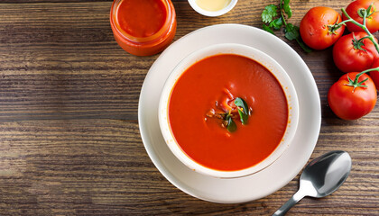Tomato soup on wooden table, top view