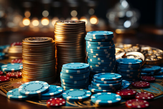 Captivating tableau, Table with poker chips, card placed elegantly, in light black and azure hues Generative AI