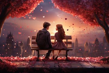 Fototapeta na wymiar Whimsical Valentine's Day setup, Heart-shaped balloons, confetti, childhood couple on bench in 3D illustration Generative AI