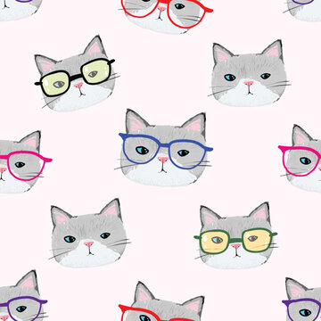 Seamless Pattern of Cute Cat Face with Glasses Design on Light Pink Background