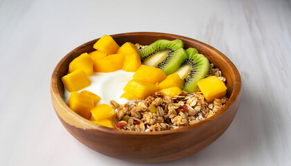 Mango yogurt with granola and kiwi in wooden bowl on white background. Healthy dairy product breakfast