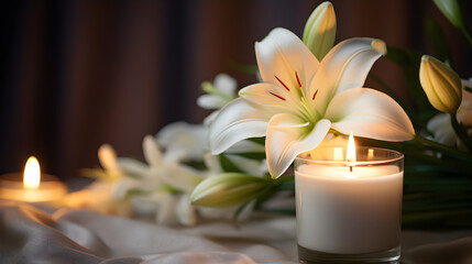 Relaxing atmospheric candle light with white lily