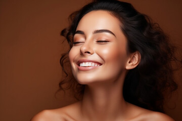 Smiling Woman Touching Face, Waist up Portrait of Attractive Woman Touching her Skin and Smiling, Woman Appearance and skin Care Concept
