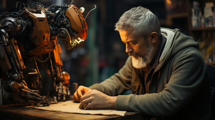 Obraz premium Robot helping a man to repair items in a workshop