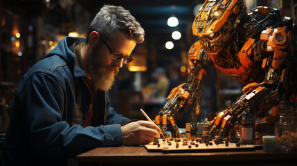 Robot helping a man to repair items in a workshop