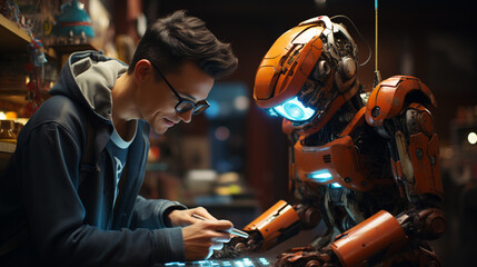 Fototapeta na wymiar Robot helping a man to repair items in a workshop