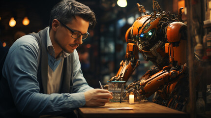 Robot helping a man to repair items in a workshop