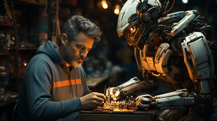 Robot helping a man to repair items in a workshop