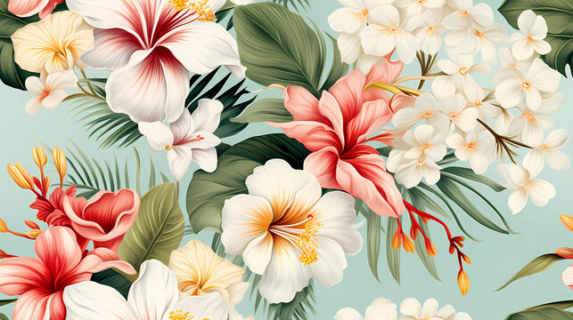 watercolor seamless pattern with exotic tropical flowers