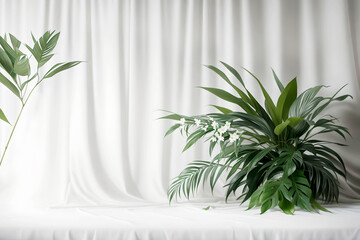 Beautiful tropical houseplant in white pot over white curtain background. AI Generated.