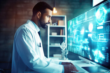 Doctor near the computer monitor. Remote patient health monitoring for proactive health management