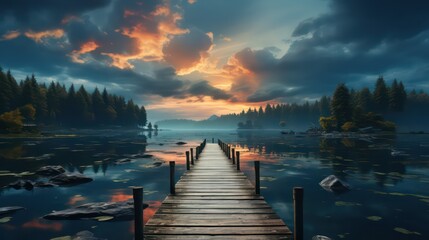 Fototapeta premium Pier on Serene Lake Walk Along the Pier Stretching out into the Calm Waters of a Serene Lake