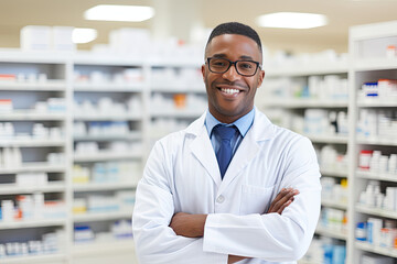 african american male pharmacist in pharmacy