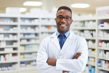 Fototapete Apotheke african american male pharmacist in pharmacy